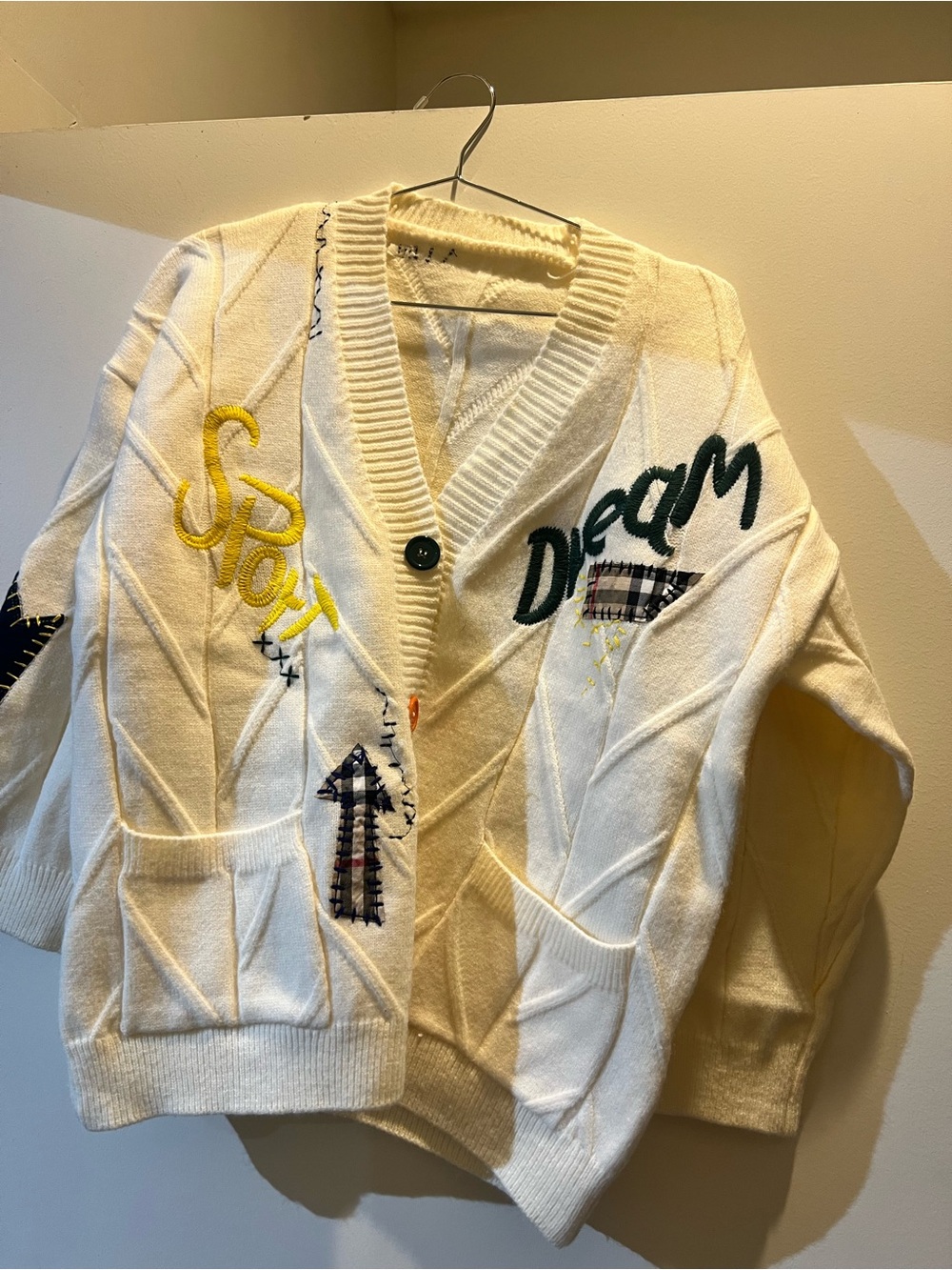 Source Unknown Cream V-Neck Cardigan with Green & Yellow Embroidery